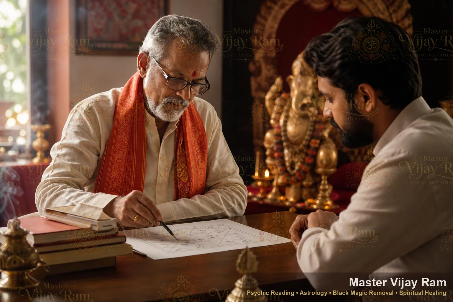 Experienced Vedic astrologer studying a printed horoscope birth chart during a kundli reading session with Astrologer Vijayram Guru
