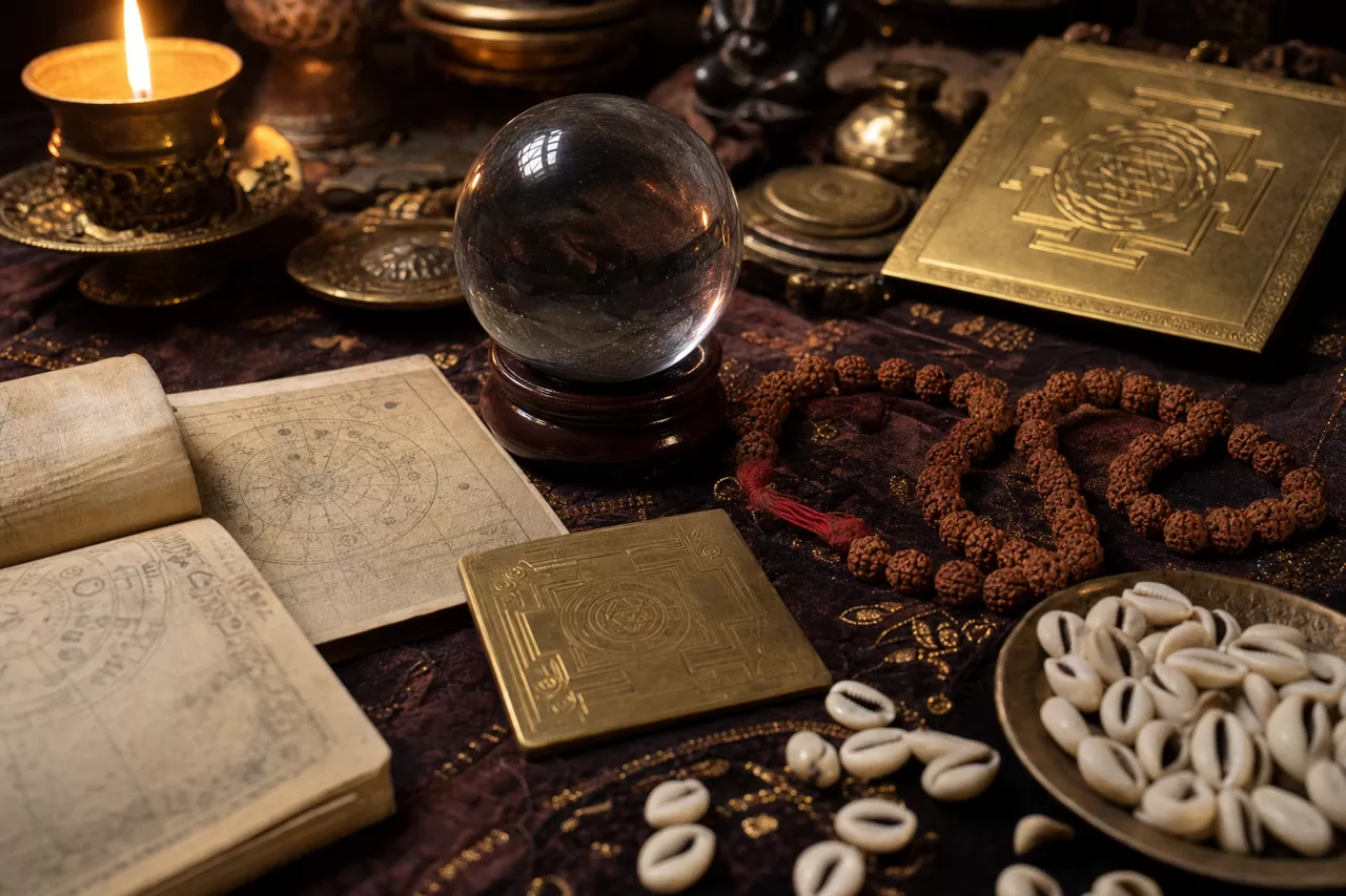 Healing crystals and a sacred yantra arranged for a Vedic energy reading