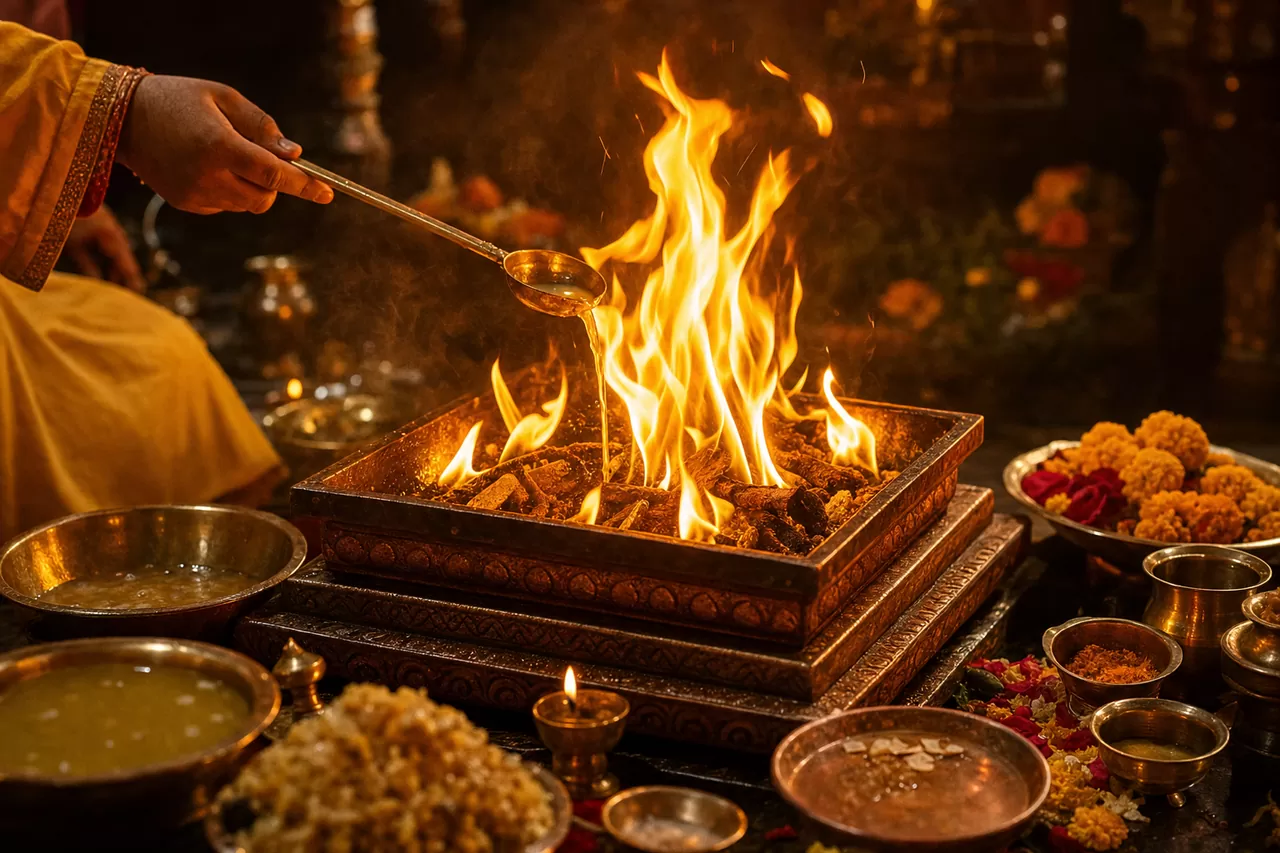 A sacred havan fire ceremony with offerings, performed by Vijay Ram ji