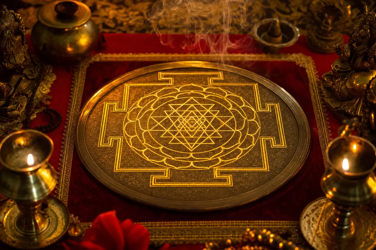 A consecrated brass yantra prepared for energisation and home placement