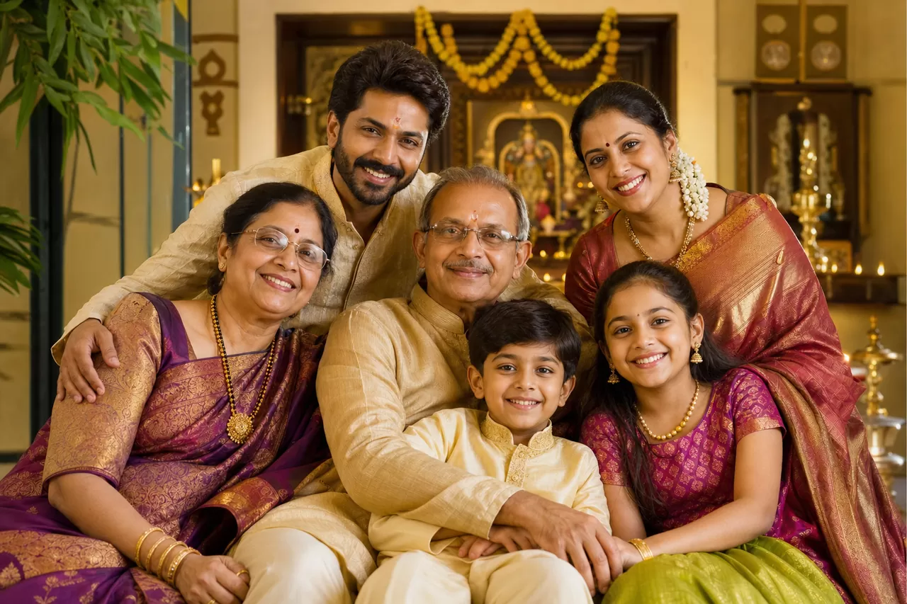 A multi-generational South Asian family gathered together in harmony