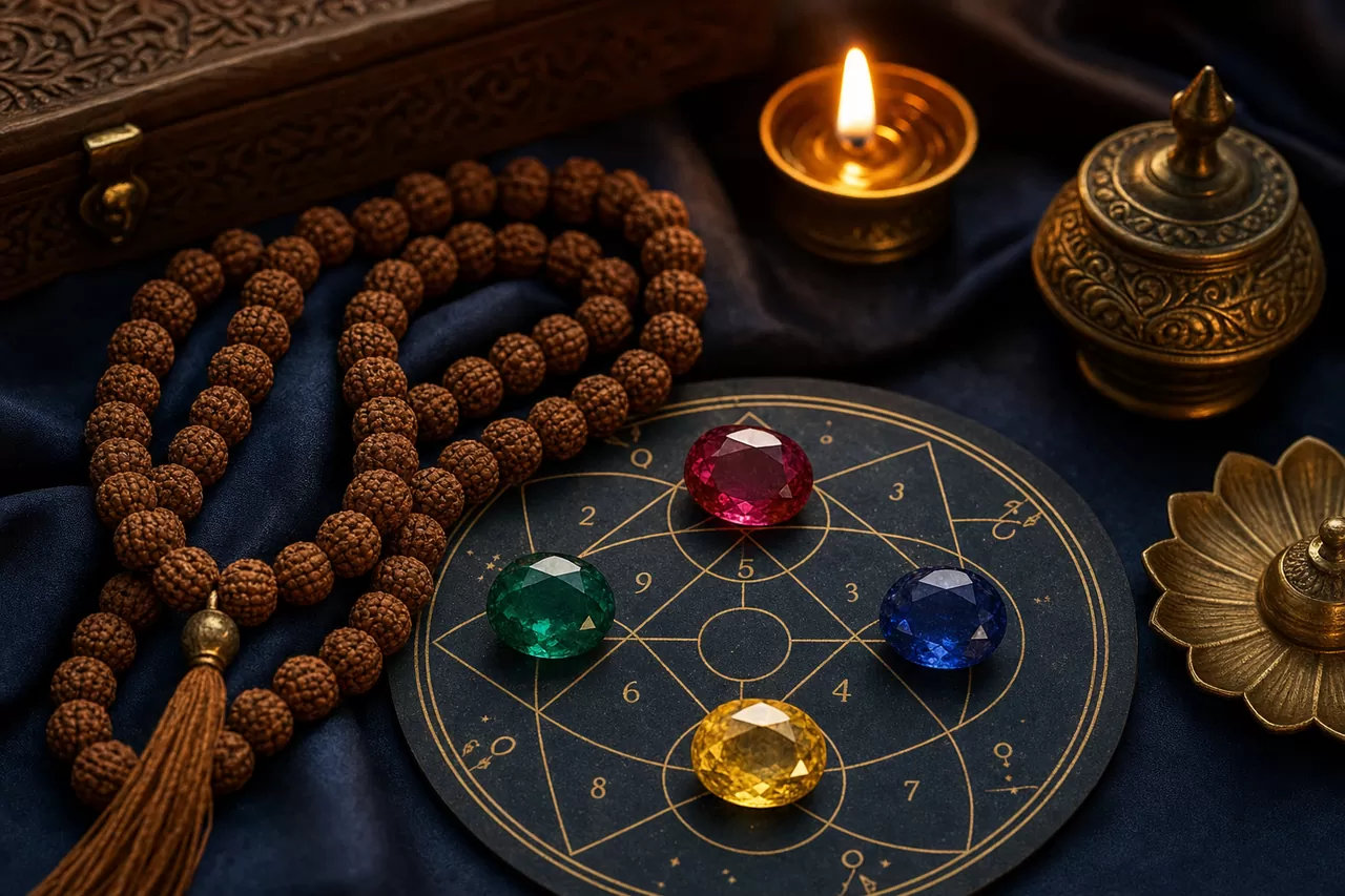 Vedic Navaratna gemstones arranged beside a Rudraksha mala and a handwritten numerology chart