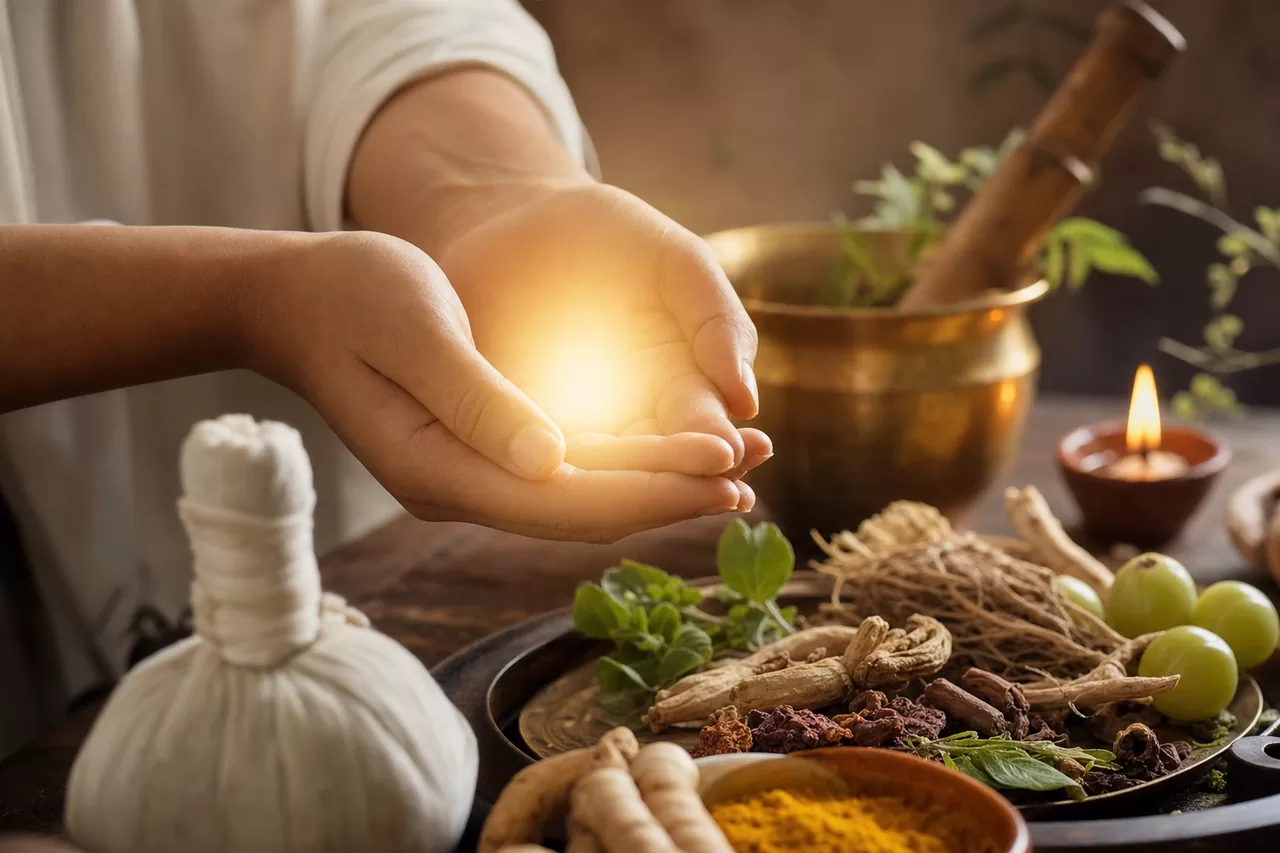 Calm Vedic healing setting with incense and flowers for health and wellbeing remedies