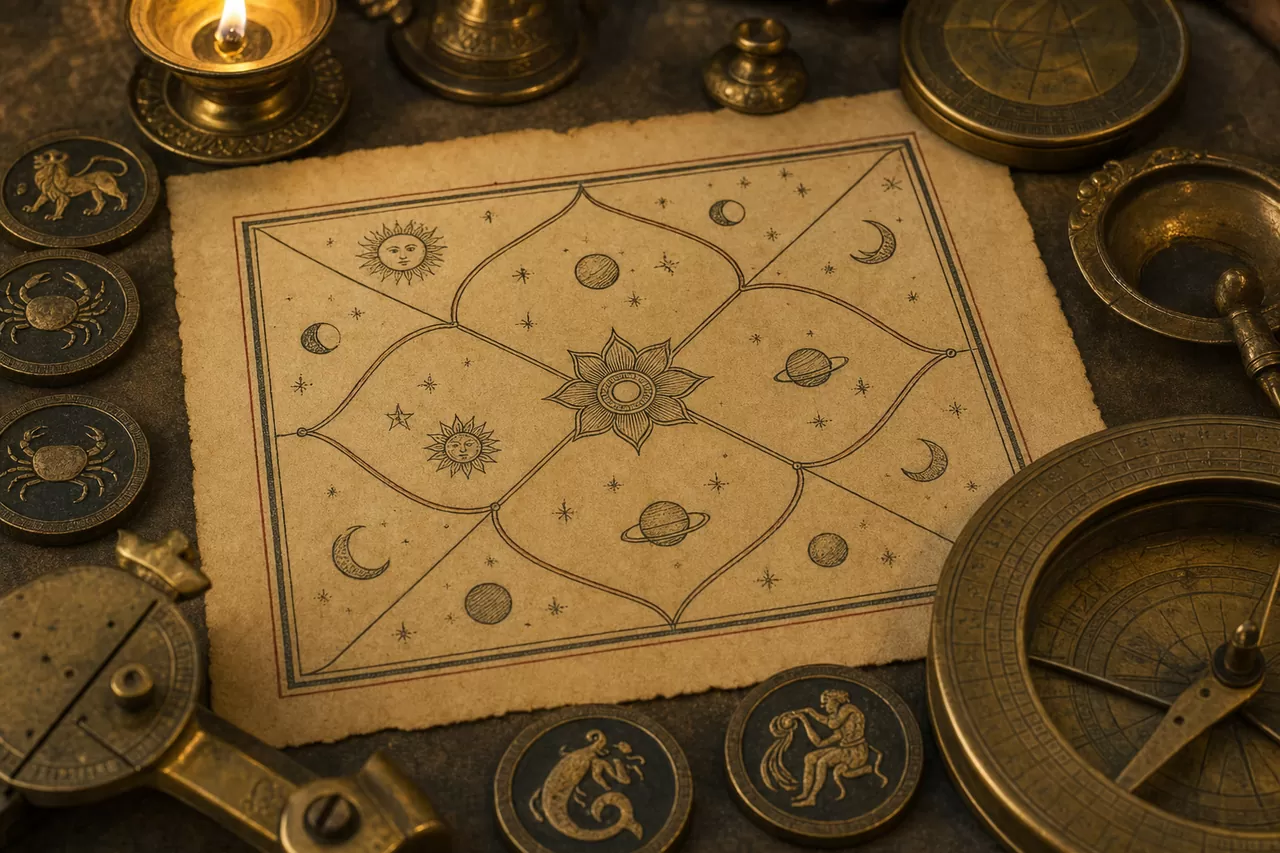 A detailed Vedic kundli birth chart showing planetary positions and dasha cycles