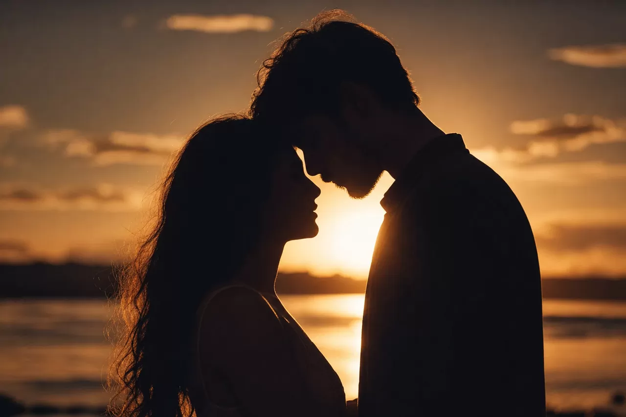 A couple in quiet conversation at dusk, representing love problem resolution