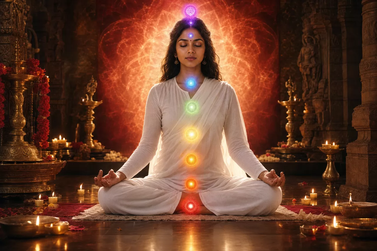 A peaceful meditation scene representing nazar and negative energy removal