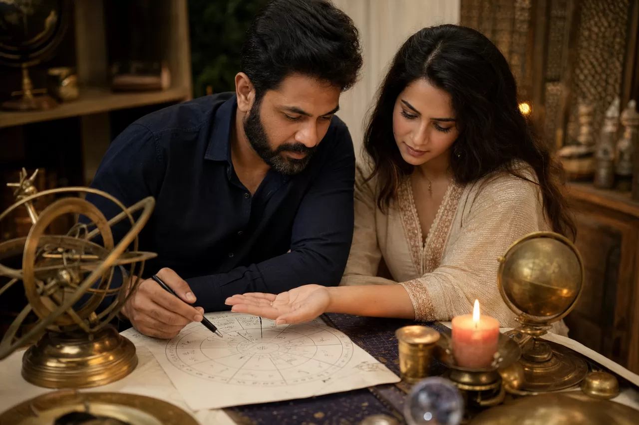 Two partners reviewing their Vedic kundli compatibility reading with Vijay Ram ji