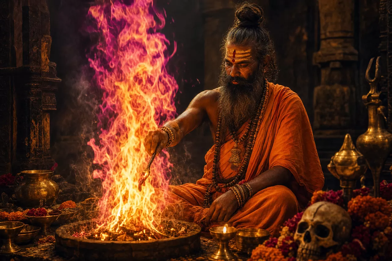 Sacred offerings and flame used in a vashikaran mantra ritual for attraction and harmony